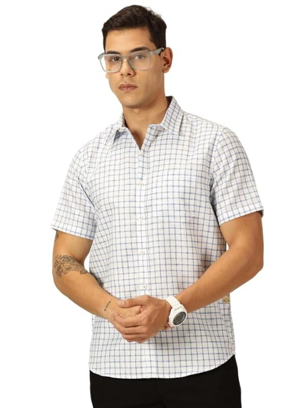 Thomas Scott Mens Cotton Linen Half Sleeves Checkered Casual Shirt