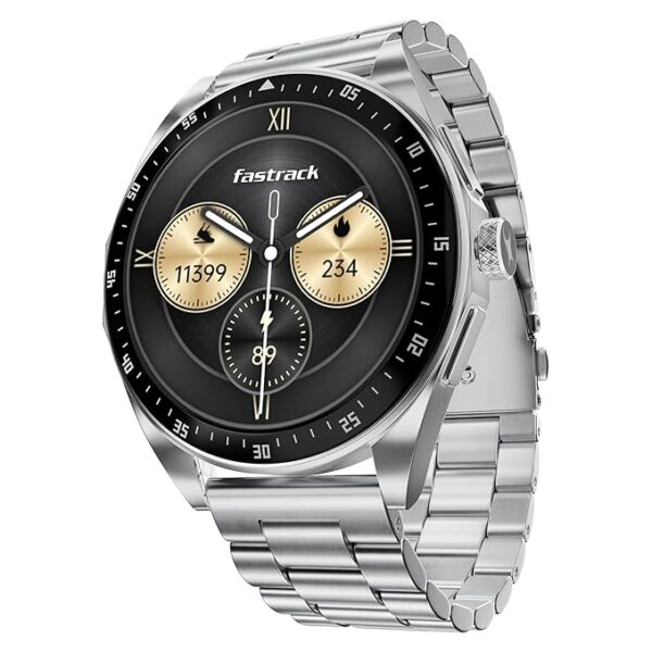 Fastrack Radiant FX1 1.43" AMOLED Metal Smart Watch with Functional Crown, BT Calling, AOD, 100+ Sports Modes, Health Tracking, IP68 Water Resistance – Smartwatch for Men & Women (Silver)